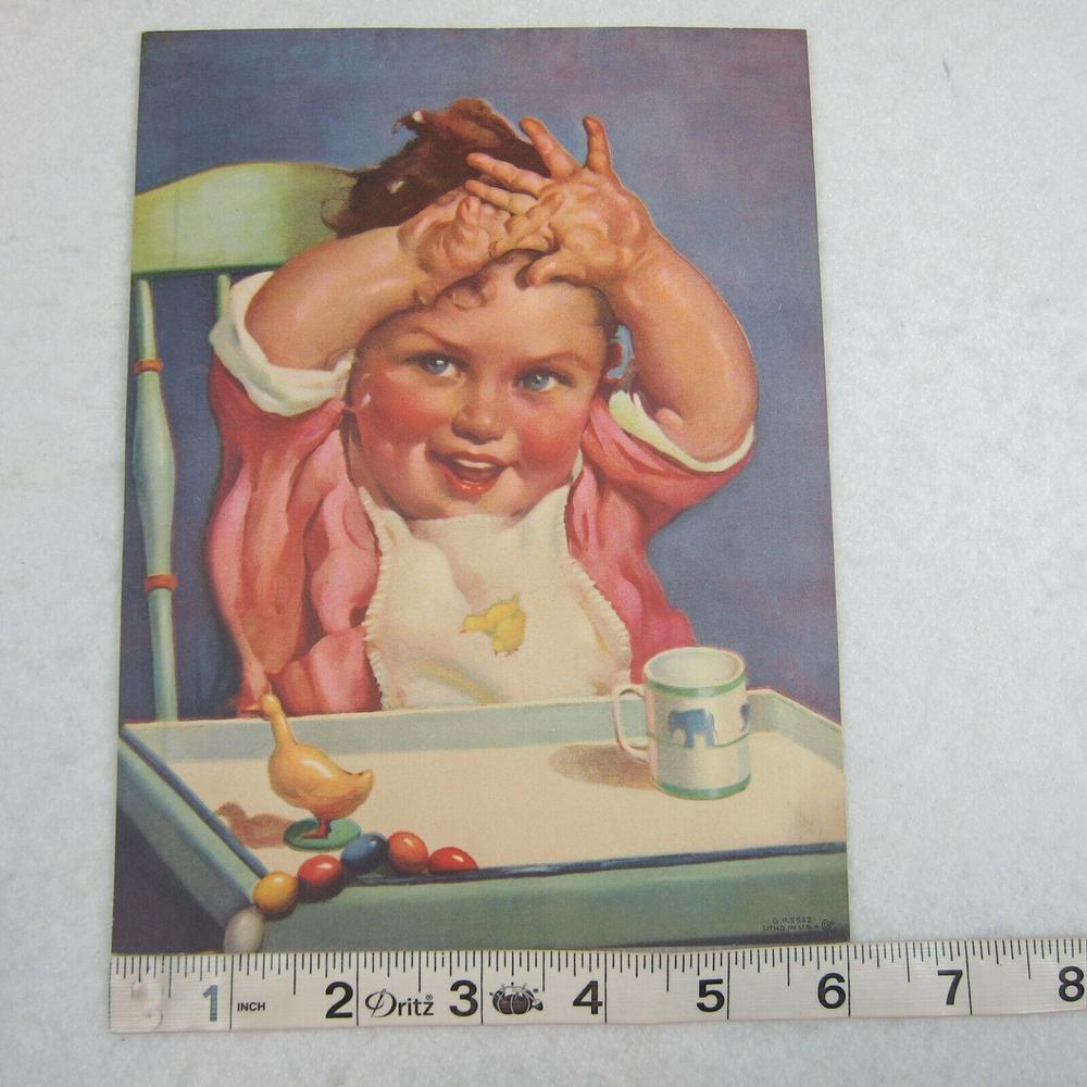 Vintage Litho Art Print Baby High Chair Pink Dress Bib Cup Segur Gulbransen - Picture 10 of 12